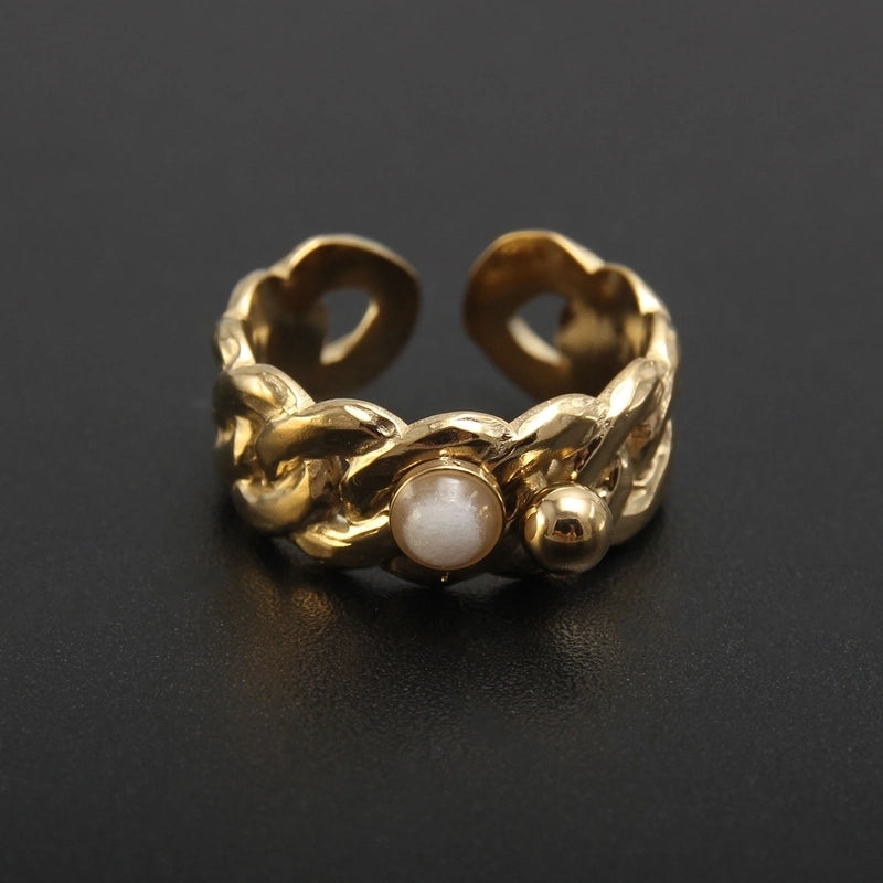 304 Stainless Steel 18K Gold Plated Baroque Style Plating Inlay Solid Color Natural Stone Open Rings