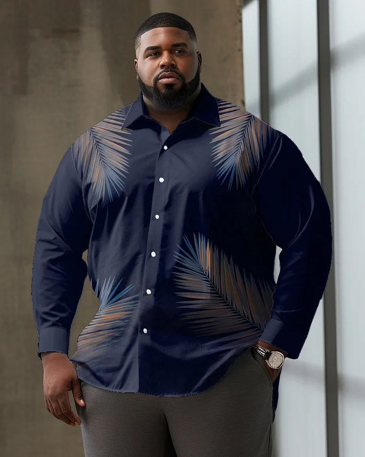 Men's Large Size Simple Leaf Pattern Lapel Casual Long Sleeve Shirt
