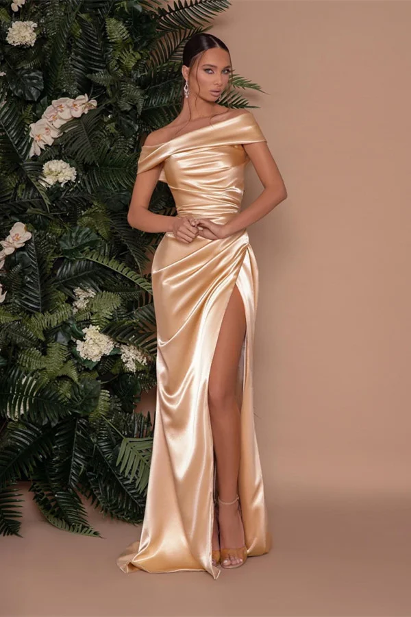 Bellasprom Champagne Gold Mermaid Prom Dress Off-the-Shoulder Split