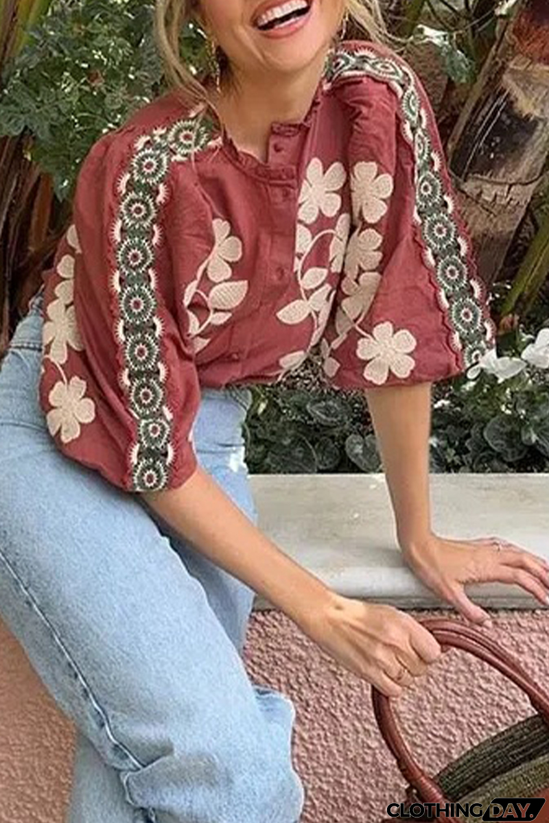 Casual Floral Print Buttons O Neck Blouses