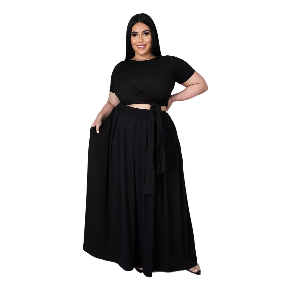 CM.YAYA Plus Size Set Women Soli Short Sleeve Bandage Crop Tops High Waist Loose Long Skirts 2 Two Piece Sets Tracksuit Outfit