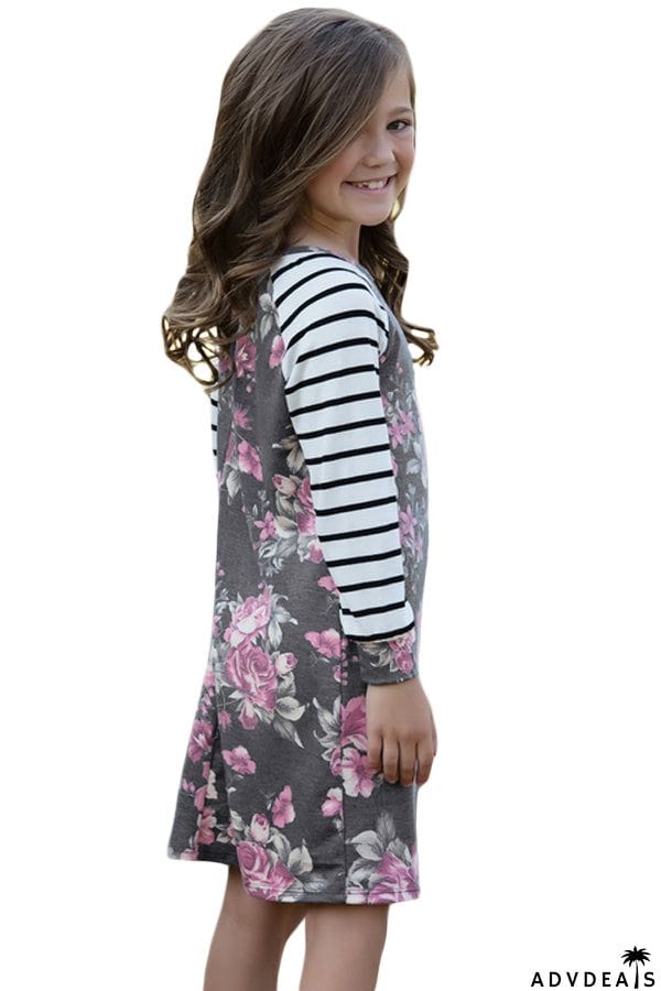 Spring Fling Floral Striped Sleeve Short Dress for Kids