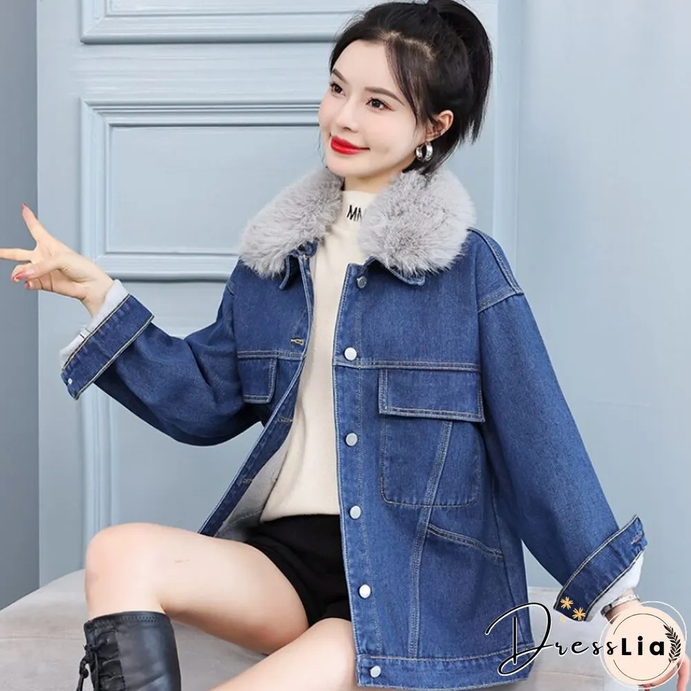 Heart Print Denim Jacket Women Winter Fashion Fur Collar Jeans Students Casual Thick