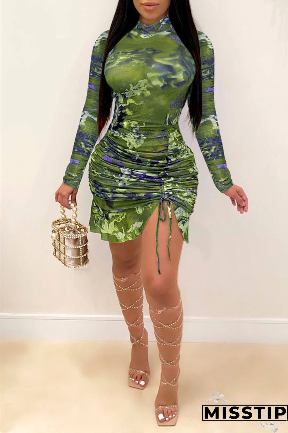 Blue Sexy Sleeve Long Sleeve Half A Turtleneck Asymmetrical Mini Print Dresses