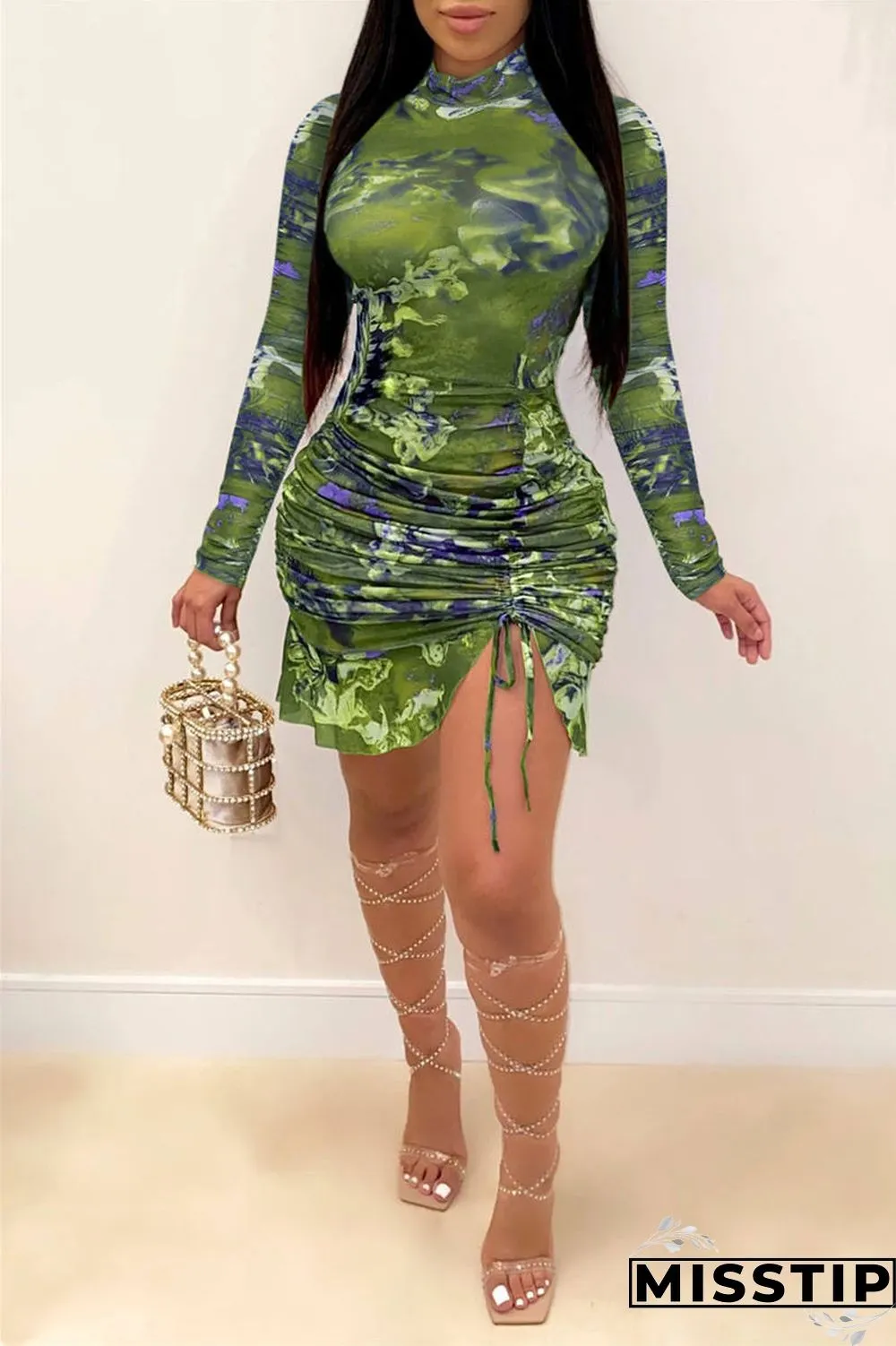 Blue Sexy Sleeve Long Sleeve Half A Turtleneck Asymmetrical Mini Print Dresses