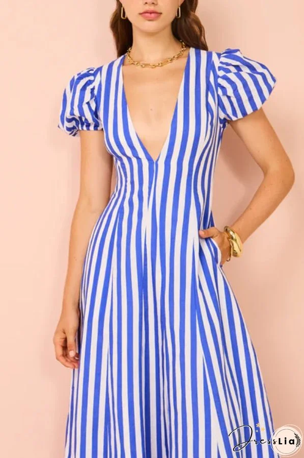 Indulge in Timeless Striped Print Puff Sleeve Pocketed Wavy Maxi Dress