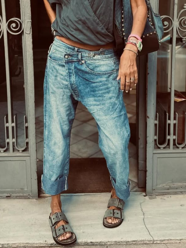 Irregular Waist Design Denim Cropped Trousers hjn Shicloths
