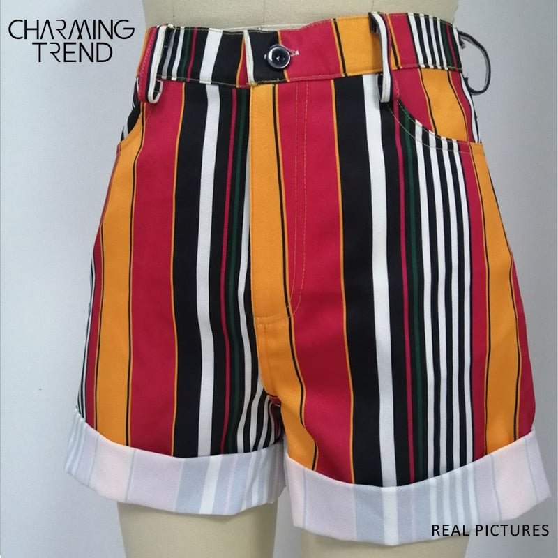 Women Preppy Shorts Pant Vintage Lady High Waist Crimping Slim Short Pant Girls Streetwear Female Women'S Colorful Stripe Shorts