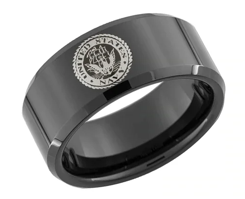6MM 8MM Women's Or Men's U.S. Navy / USN Tungsten Carbide Wedding Rings Black with Laser Etched United States Navy Logo