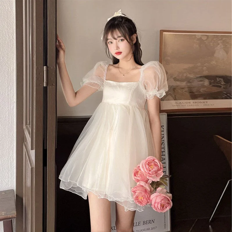 uforever21 Summer  Party Dress Women French Style Princess Sweet Kawaii Mini Dress Puff Sleeve Casual Office Elegant Dresses for Women