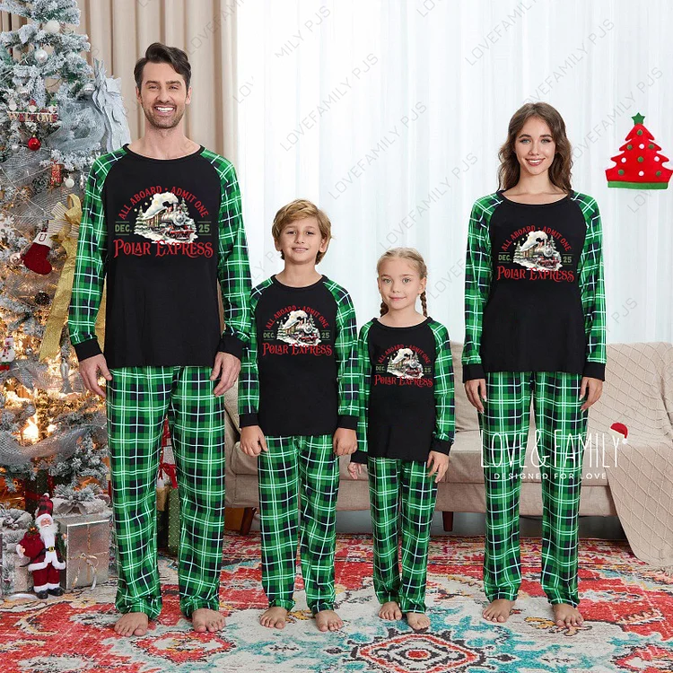 Polar Express Family Christmas Matching Pajamas Green Plaid PJs Sets