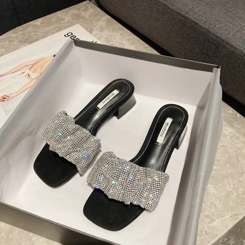 Breakj Breakj Temperament Famous Woman Summer Slippers French Small Heel Low Heel 3 Cm Black Water Drill Fashion Wearing Sandals