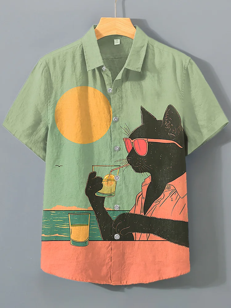 Women's Seaside Vacation Black Cat Print Short Sleeve Shirt