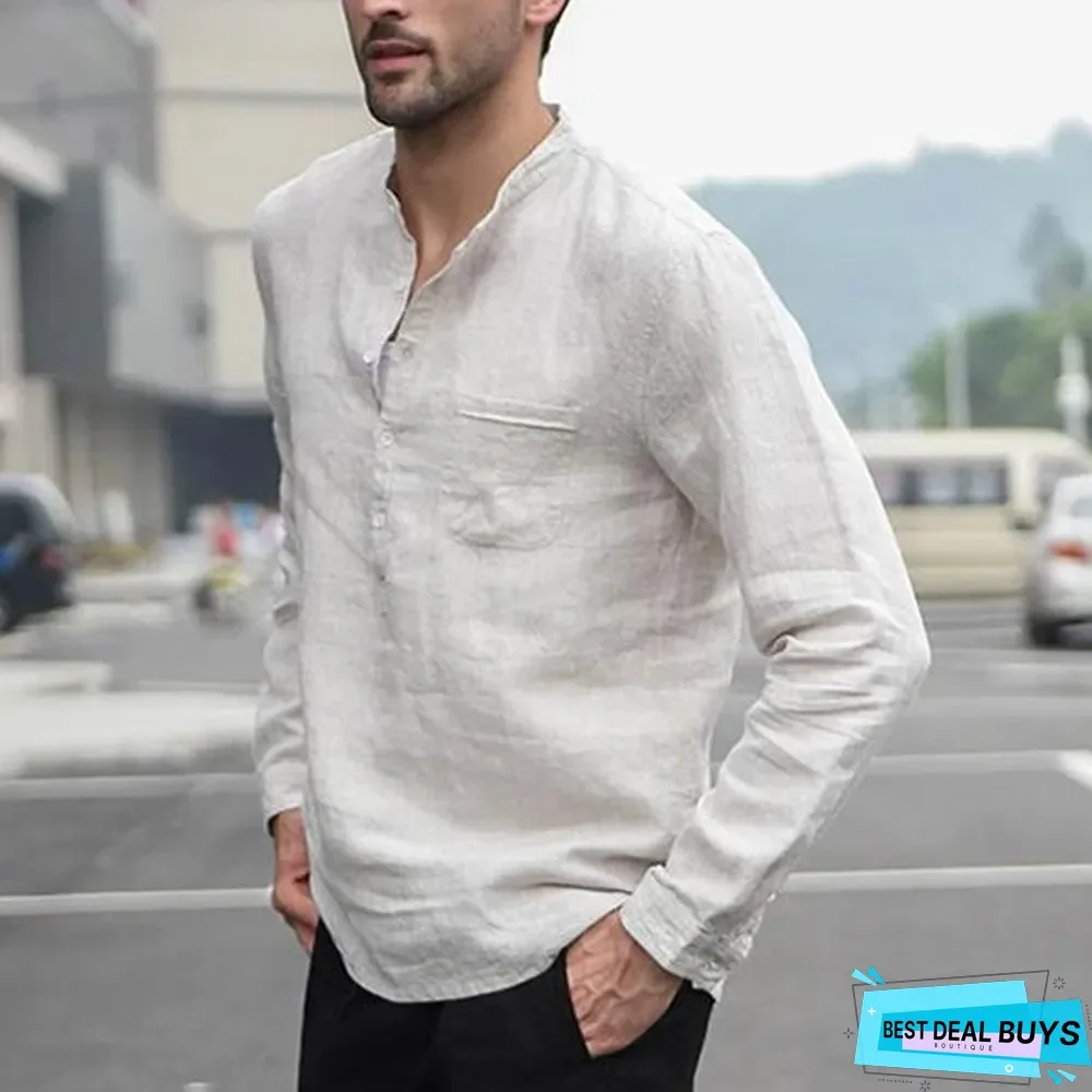 Men's Autumn Pullover Long Sleeve Fashion Stand Collar Shirt Linen