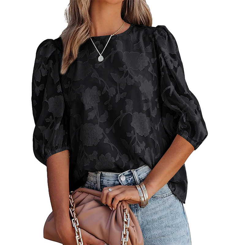 Floral Printing Hollow Out Patchwork Half Sleeve Loose Blouses&Shirts