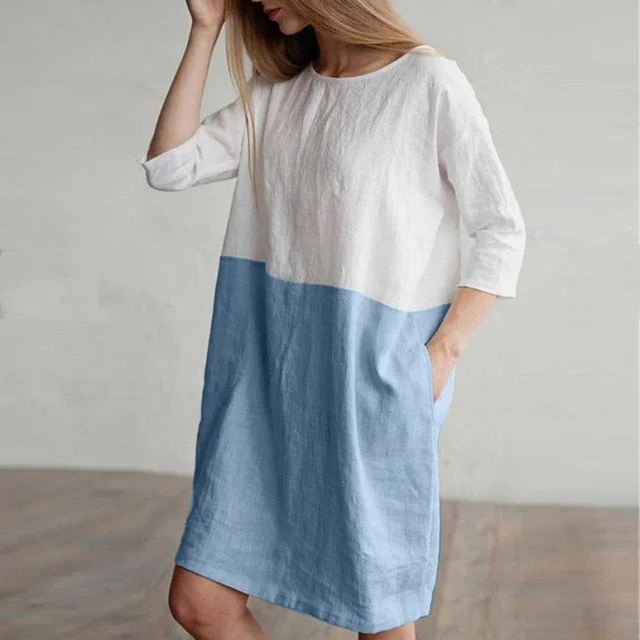 dress Women Casual Patchwork 1/2 Sleeved Cotton Linen Dress Oversize Loose Pockets Tunic dress women 2020