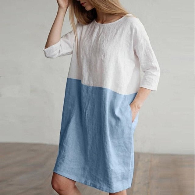 dress Women Casual Patchwork 1/2 Sleeved Cotton Linen Dress Oversize Loose Pockets Tunic dress women 2020