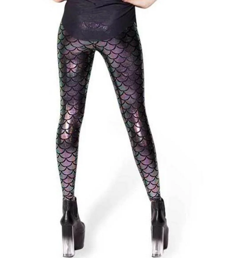 CUHAKCI Women Fish Scale Print Mermaid Leggings Push Up Stretch Shiny Pants Casual Trousers