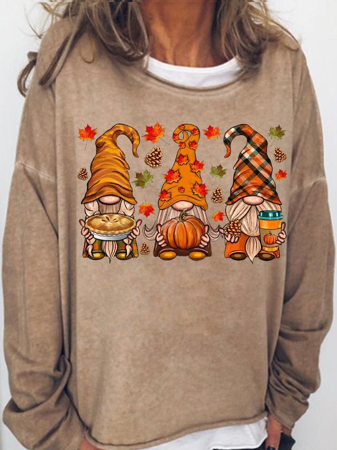 Long Sleeve Crew Neck Fall Gnomes Thanksgiving Autumn Leaves Printed Casual Sweatshirt
