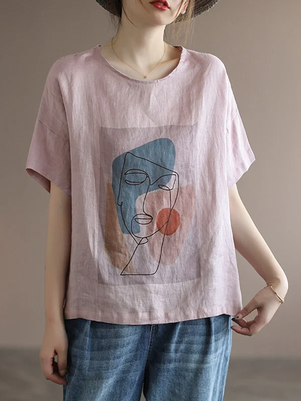 Original Linen Cartoon Printed Short Sleeve T-Shirts Tops