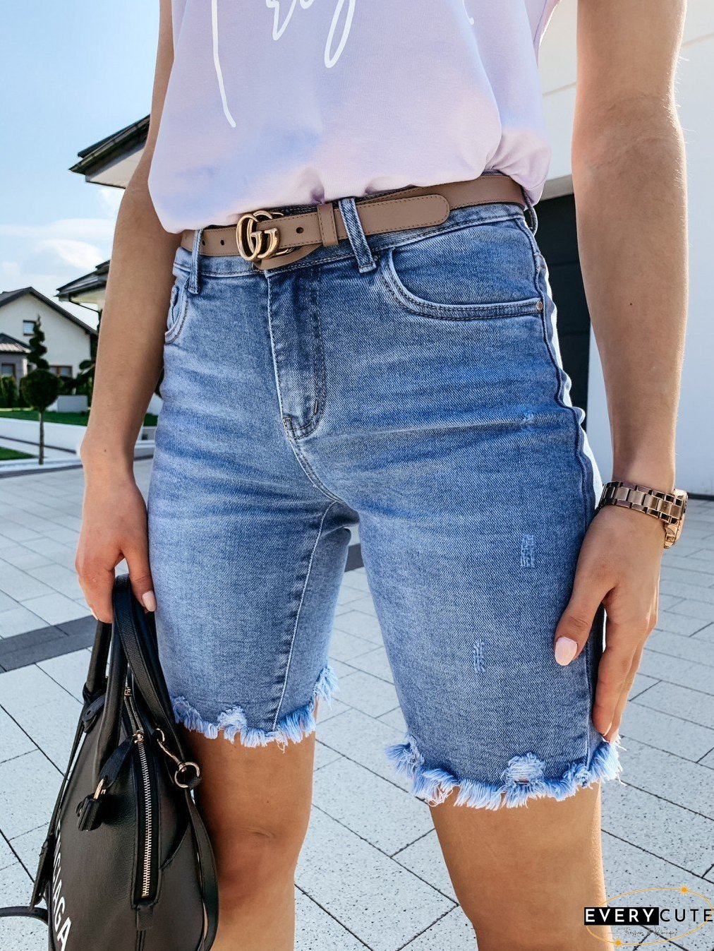 Denim Shorts With Ripped Holes And Washed Metal Buttons for Women
