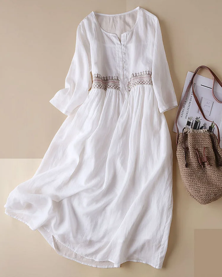 Cotton and Linen Embroidered Cropped Sleeve Dress