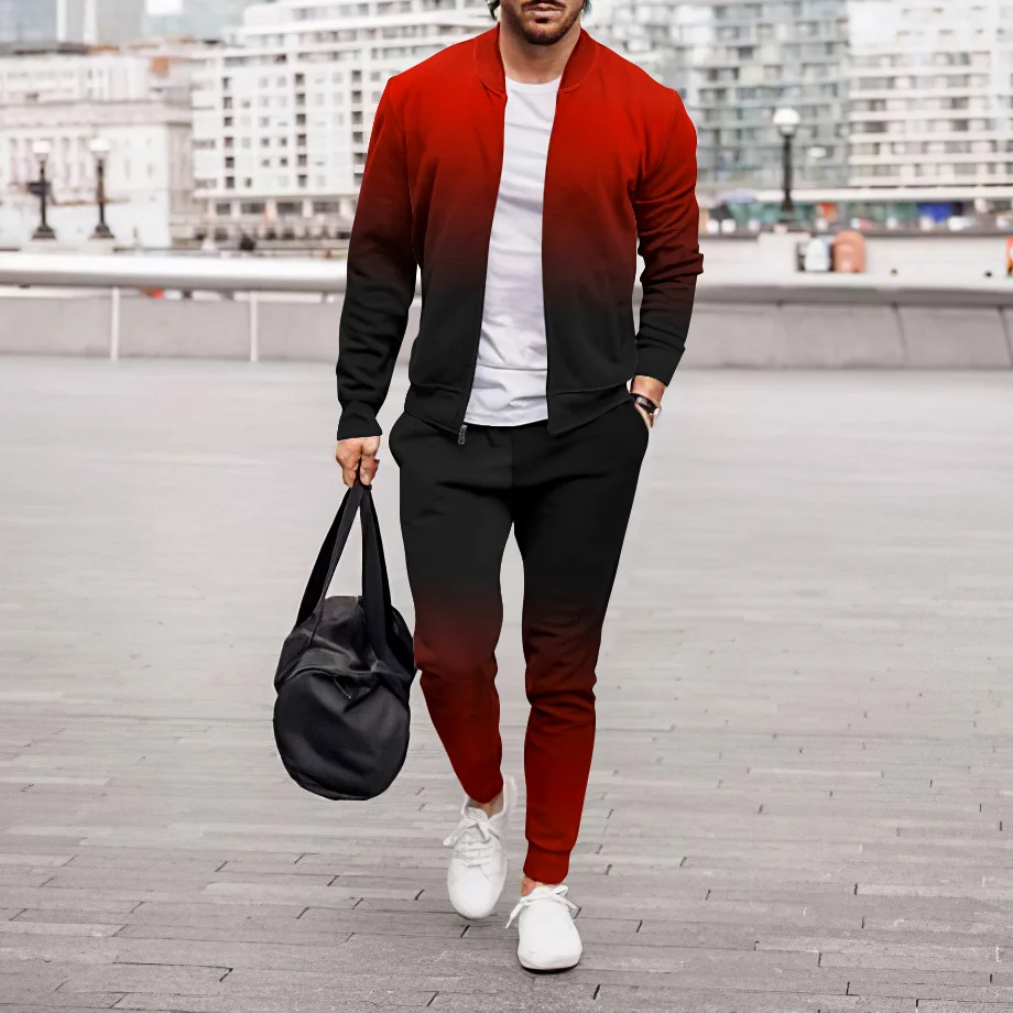 Black Red Gradient Jacket And Pants Two Piece Set