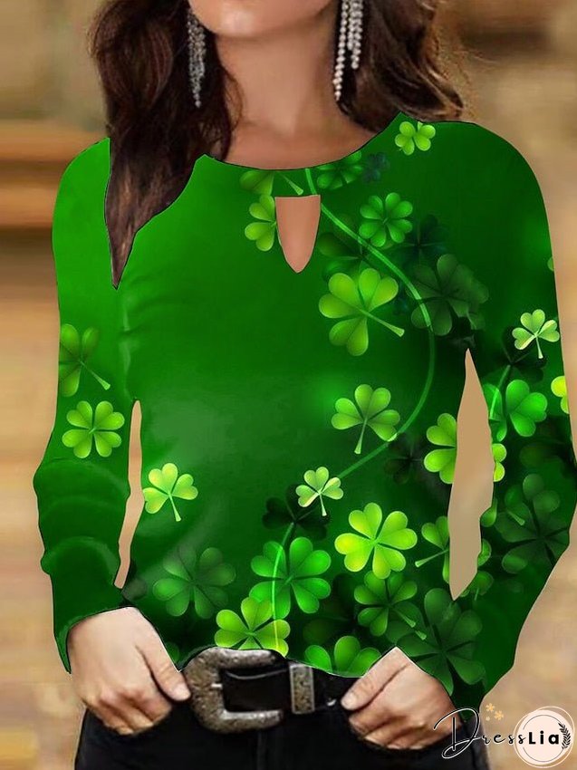 Round-neck shirts Black & white Light green leaves Patricks day prints Long sleeve