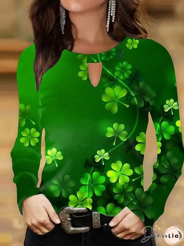 Round-neck shirts Black & white Light green leaves Patricks day prints Long sleeve