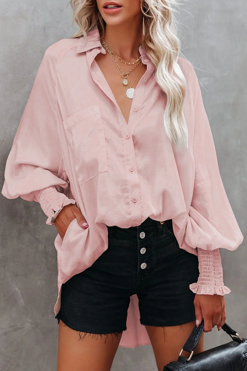 Pink Billowy Sleeves Pocketed Shirt | IFYHOME