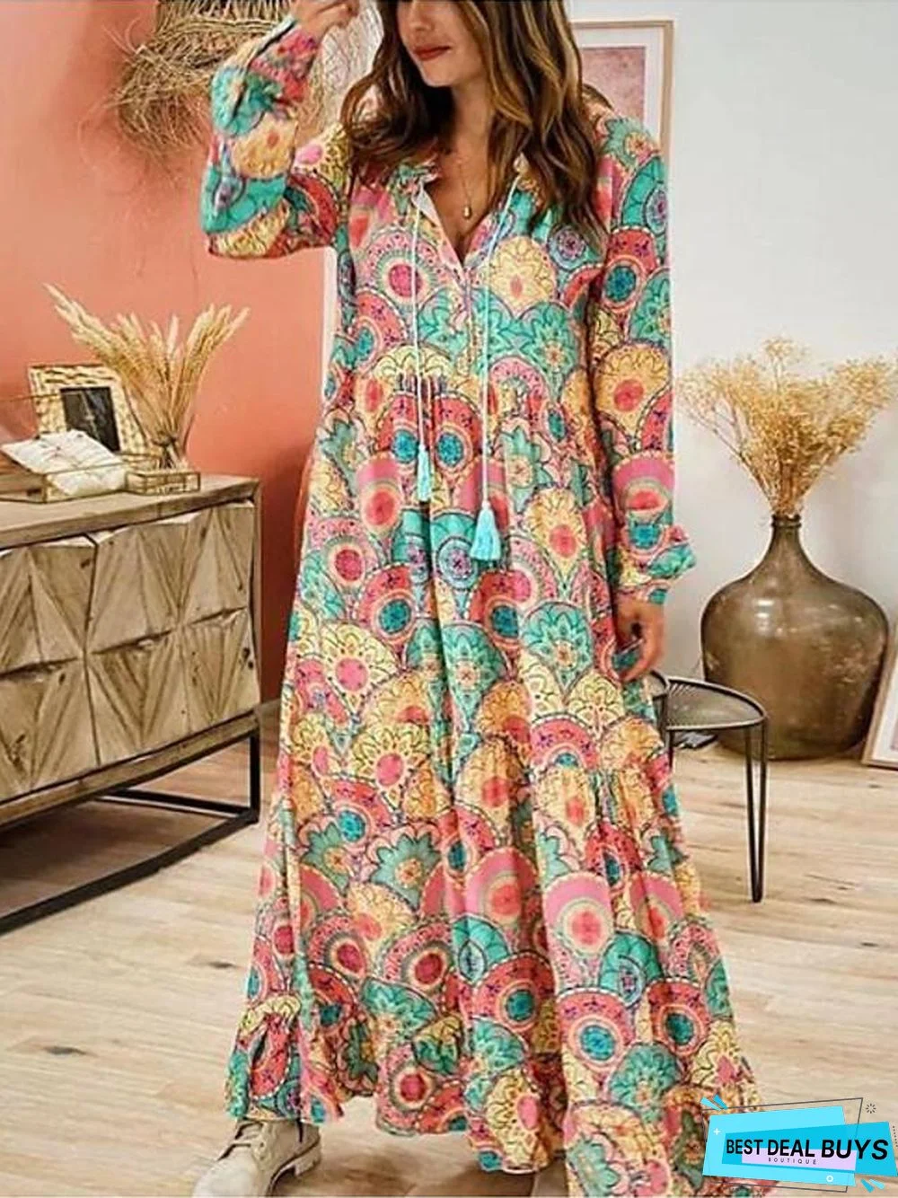 Women's Swing Dress Maxi Long Dress Long Sleeve Print Patchwork Print Summer Hot Casual Rainbow