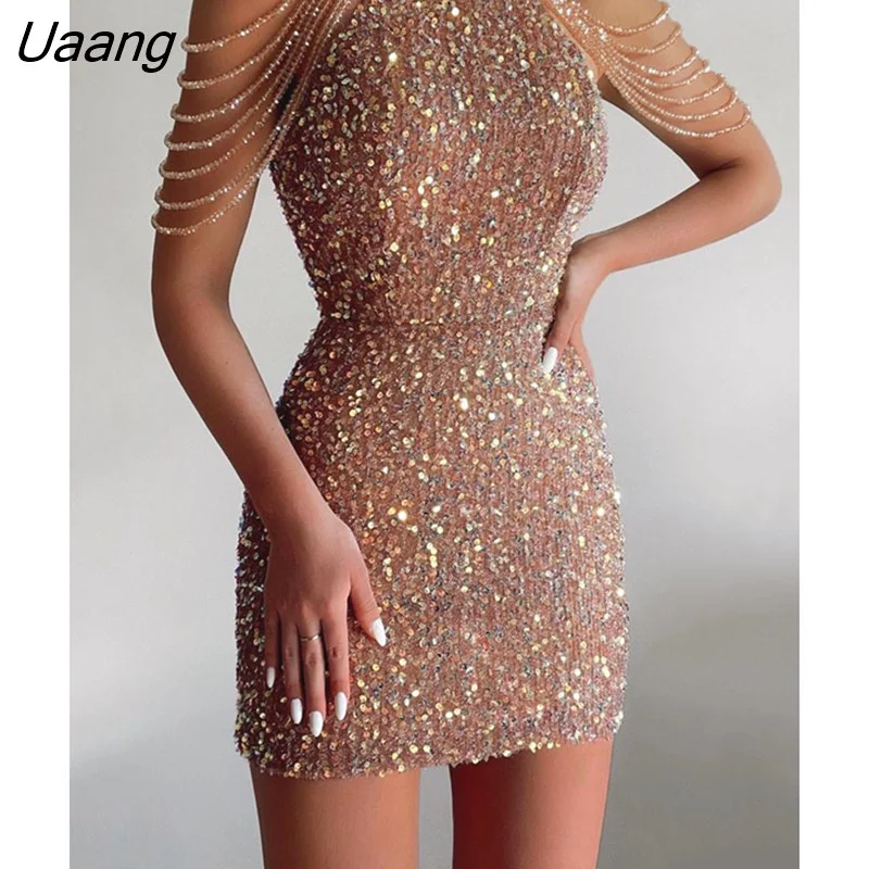 Uaang Women Sexy Slim Fit Sequined Beaded Decor A-Line Dress