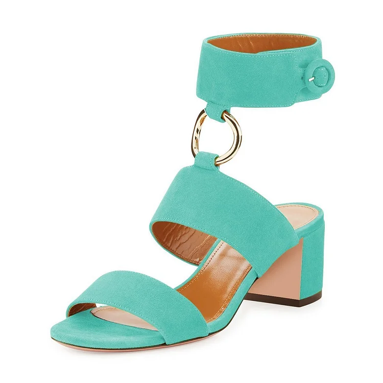 Turquoise Ankle Strap Block Heels Sandals |FSJ Shoes