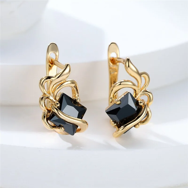 Cute Female Black Zircon Stone Hoop Earrings Vintage Hollow Crystal Flower Earrings Boho Gold Color Wedding Earrings For Women