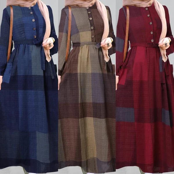 ZANZEA Women Plaid Check Blouson Long Shirt Dress Muslim Casual Party Evening Dresss Plus Size
