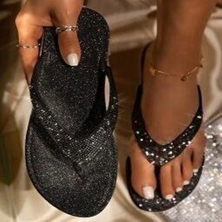 Sequin Rhinestone Casual Flat Bottomed Women's Flip Flops  Stunahome.com