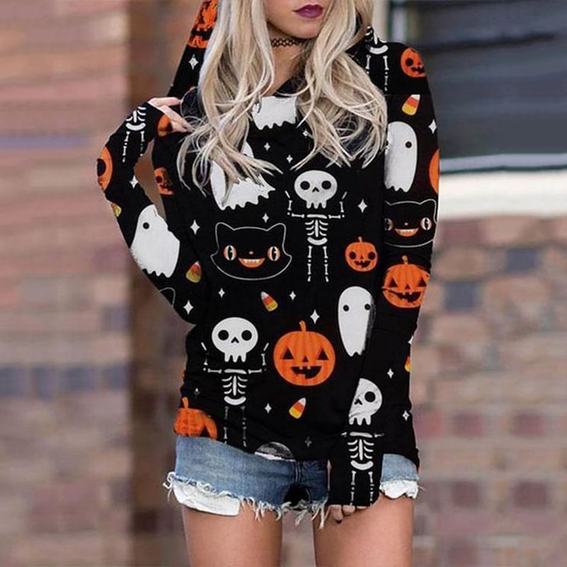 Smile Pumpkins Ghost Cats Printed Women Hooded Sweatshirt