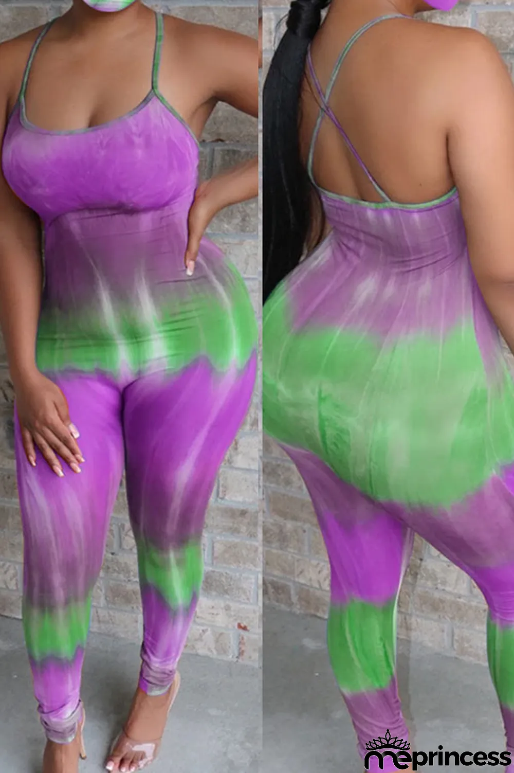 Blue Fashion Sexy Tie-dyed Sleeveless Slip Jumpsuits