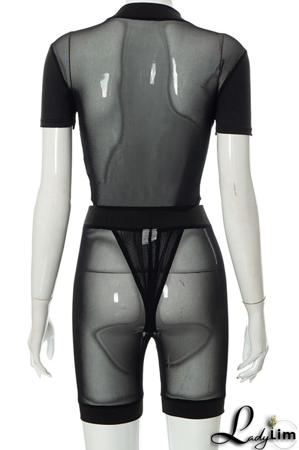 Black Sexy Solid Split Joint Mesh O Neck Short Sleeve Two Pieces