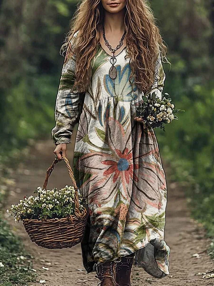 Women's Vintage Floral Art Print Pocket Cotton V Neck Long Sleeve Dress