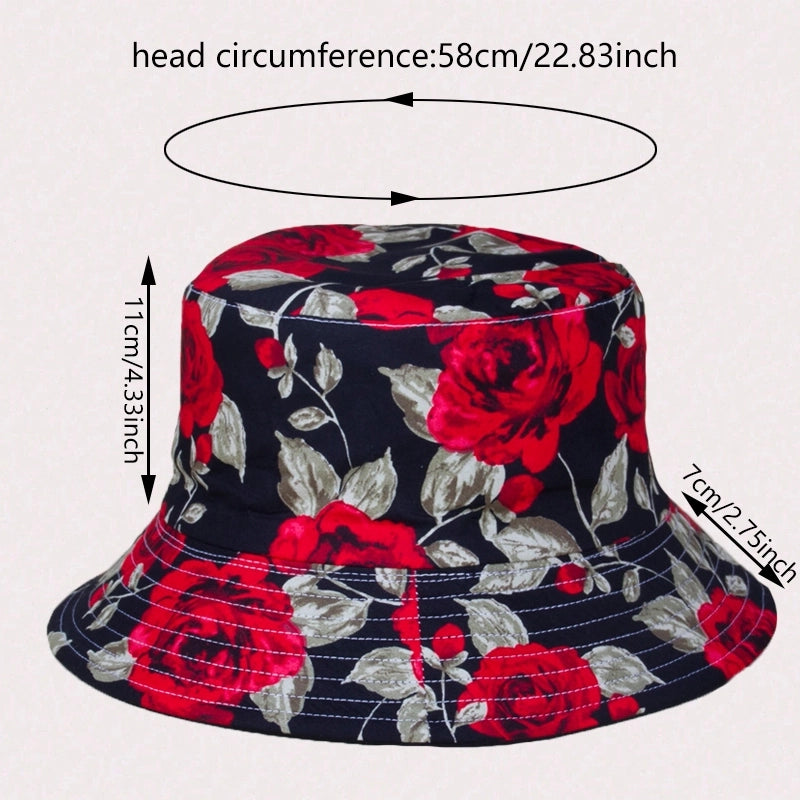 Women's Casual Vacation Artistic Rose Flower Printing Wide Eaves Bucket Hat