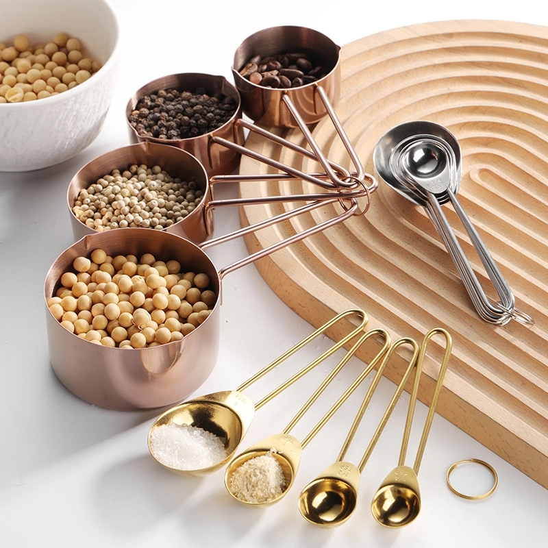 430 Stainless Steel Measuring Cup Measuring Spoon Suit 8-piece Rose Gold Wire Handle Measuring Spoon Measuring Cup 4-piece Set With Scale Gold