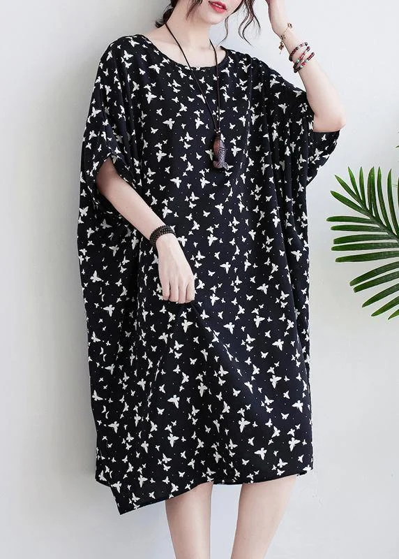 Diy Black Butterfly Print Batwing Sleeve Summer Cotton Dress