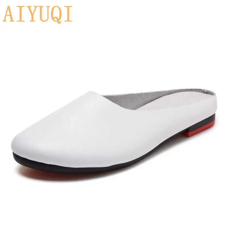 AIYUQI  Women Slippers 2021 Spring New Genuine Leather Women Shoes big Size 41 42 43 Flat Casual Summer Half Slippers Women