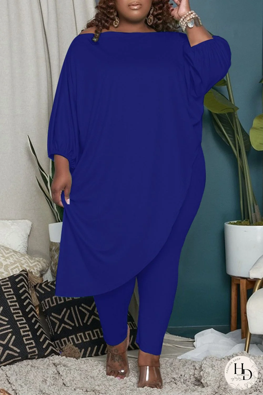 Blue Fashion Casual Solid Asymmetrical Oblique Collar Plus Size Two Pieces