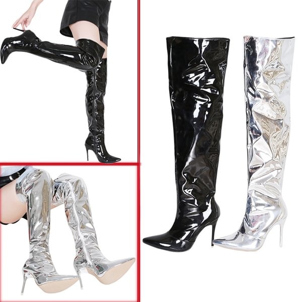 Fashion Women Black Silver Mirror Leather Thigh High Heeled Over Knee Boots With Side Zipper Boots - Shop Trendy Women's Clothing | LoverChic