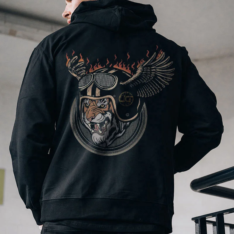 Tiger with Helmet and Burning Wings Casual Black Print Hoodie