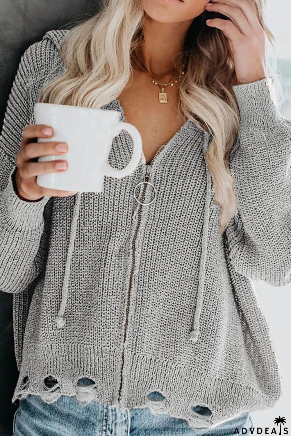 Zipper V-neck Dropped Sleeve Hooded Solid Sweater