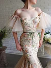 Champagne Floor Length Mermaid Prom Dress Off The Shoulder Butterfly Sleeve Beaded Floral Lace Embroidery Belt Fishtail Sweetheart Bodice