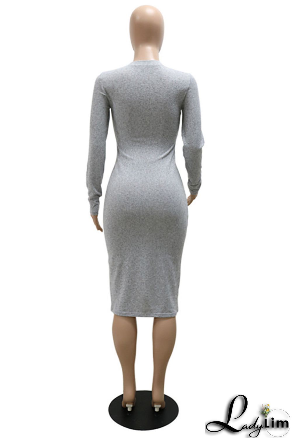 Grey Fashion Casual Print Basic O Neck Long Sleeve Dresses